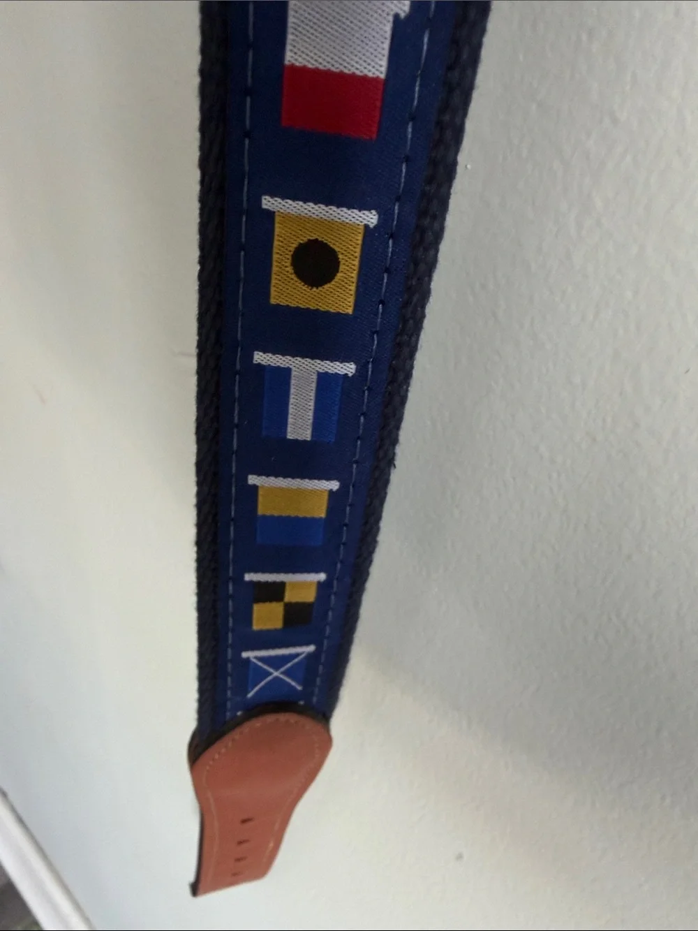West Marine Navy Signal Flag Webbing Belt with Brown Leather Trim/ Brass Buckle